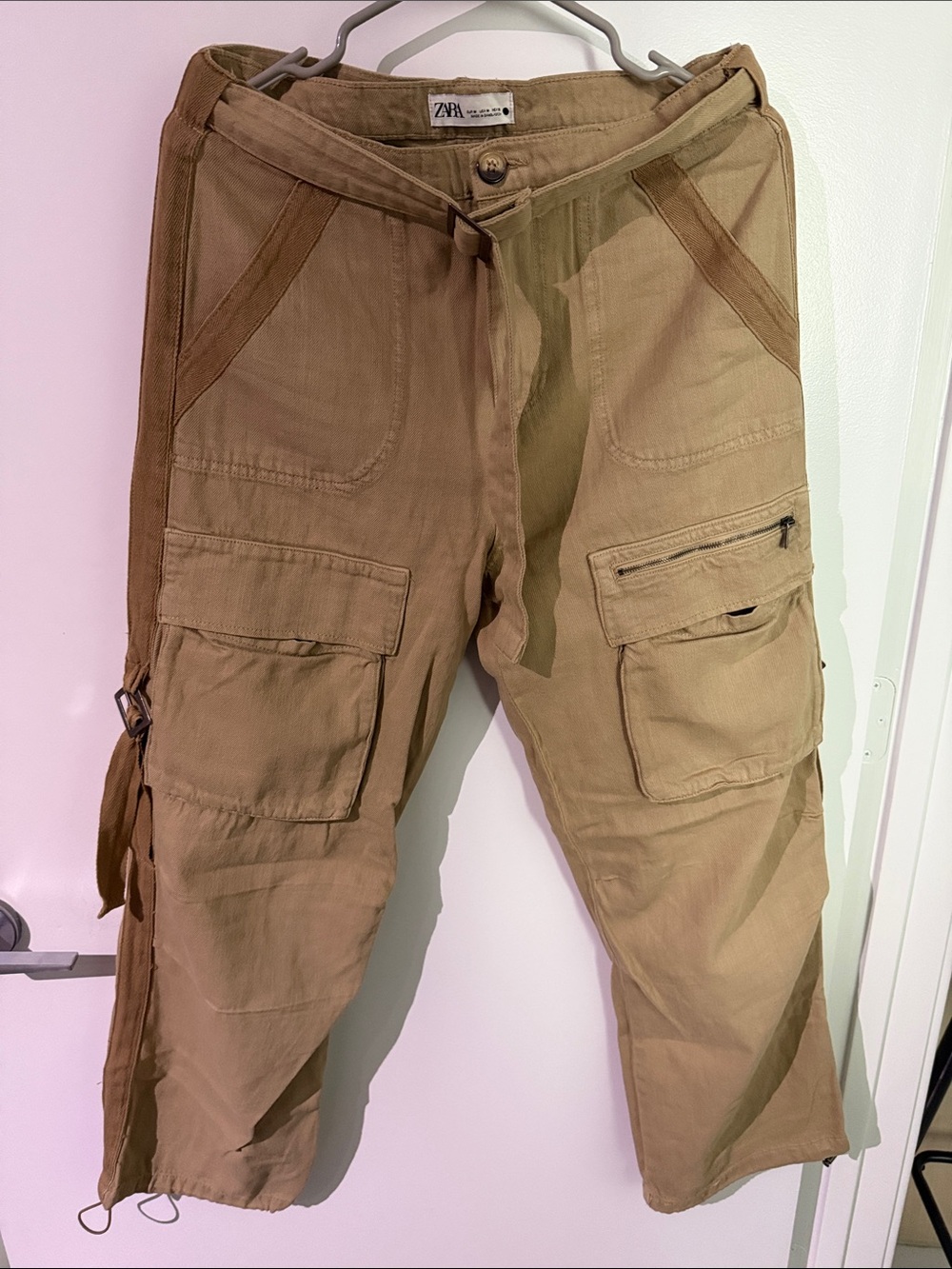 Zara Women’s Khaki Cargo Pants with Utility Pockets and Stripe Down the Side